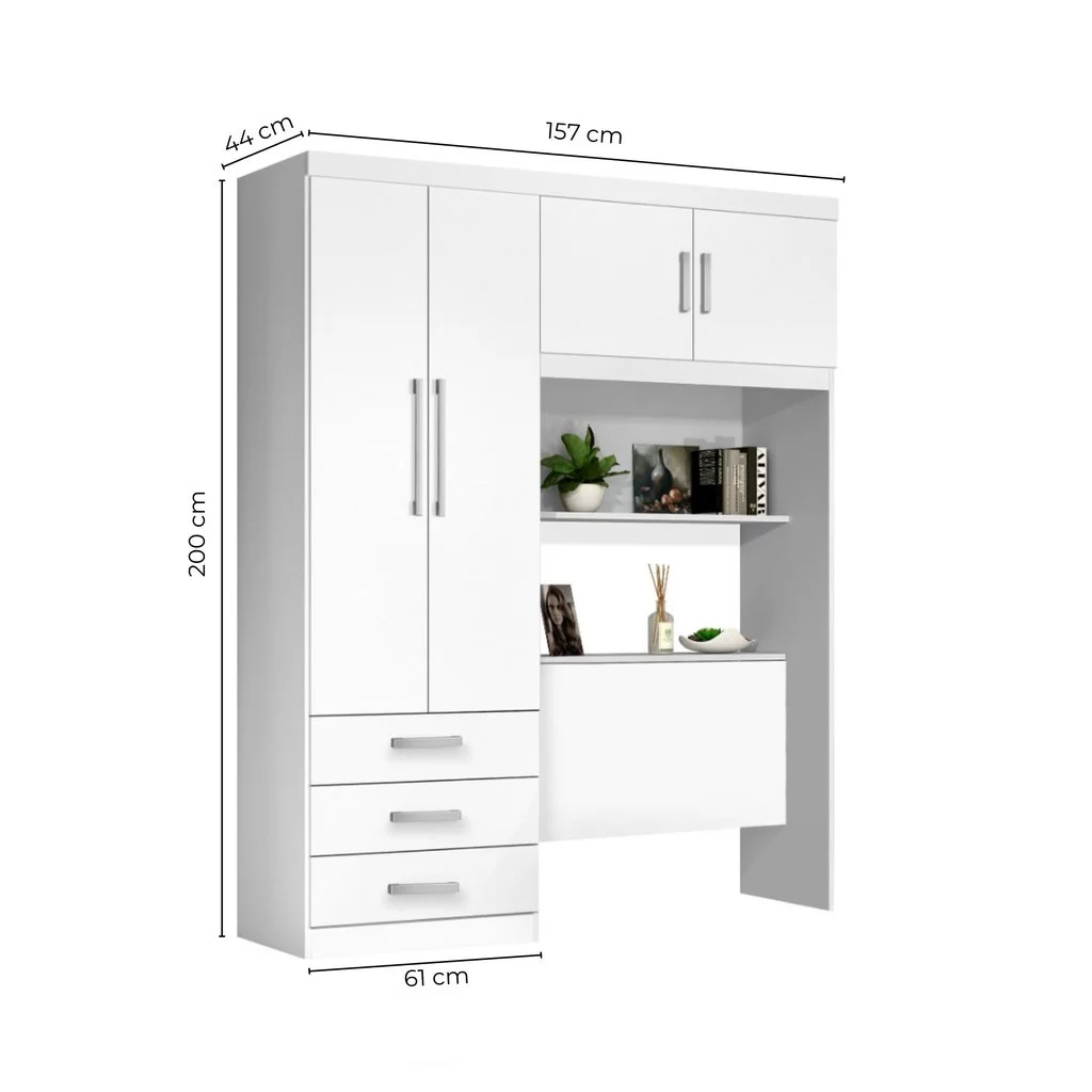 Guarda-Roupa Solteiro com Cabeceira e Baú 4 Portas 3 Gavetas Cancun Yescasa Branco