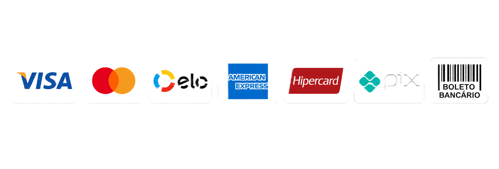 Formas de pagamento aceitas: Visa, Mastercard, Elo, American Express, Hipercard, Pix e Boleto Bancário