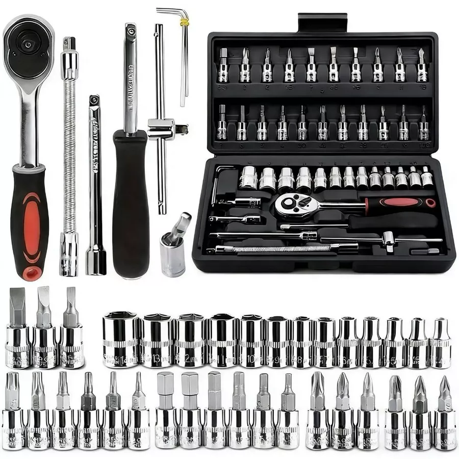 Kit De Ferramentas 46 Peças Jogo De Soquetes Chave Catraca Reversível Com Maleta Jogo Completo