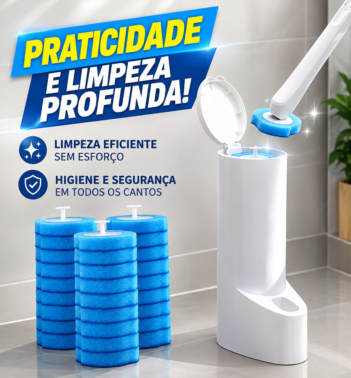 Escova Descartável para Vaso Sanitário e Parede do Banheiro + Kit 16 Pastilhas