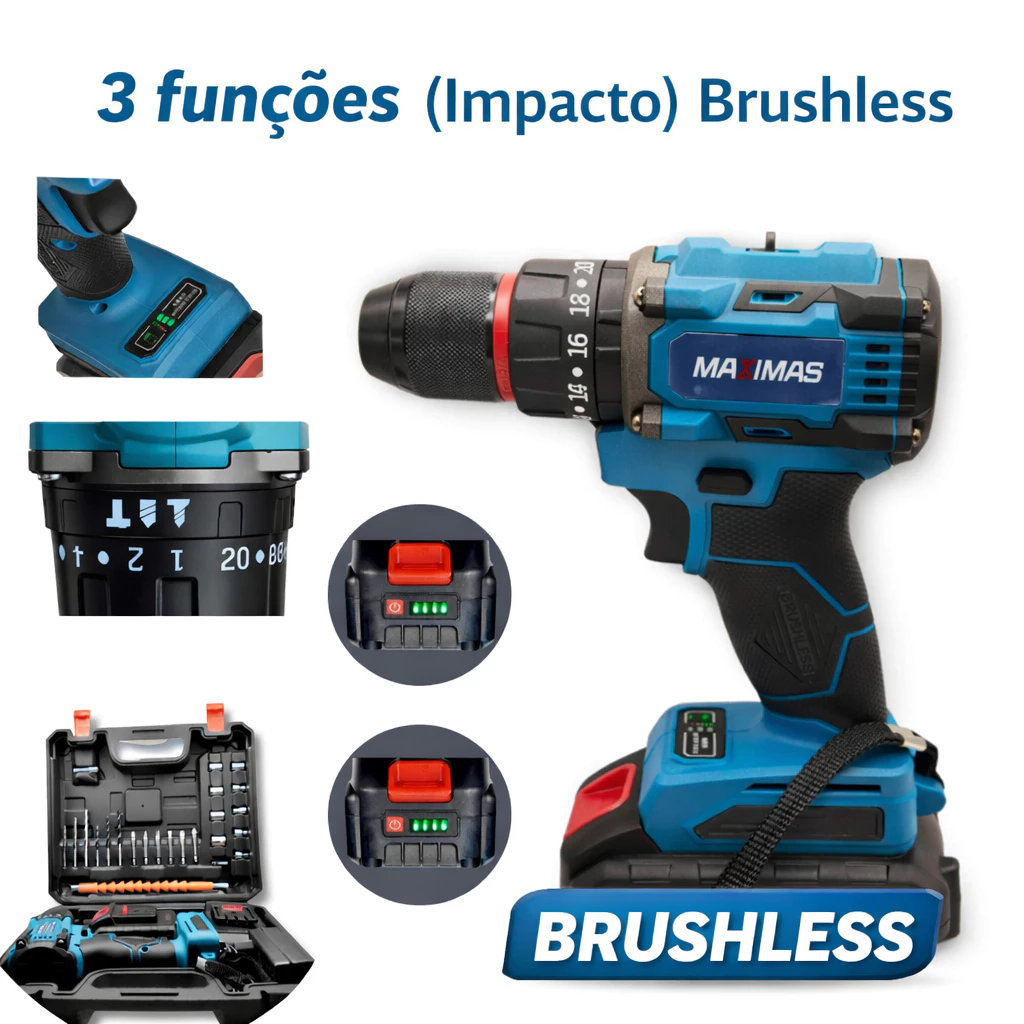 Parafusadeira Furadeira de Impacto Brushless 21V 3 Funções, 2 Baterias com Display, Luz LED e Maleta