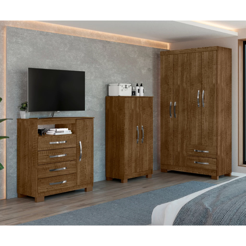 Kit Guarda Roupa Solteiro Porto Belo 4 Portas Com Cômoda Sapateira e Multiuso Compacto