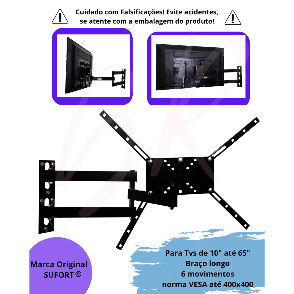 Suporte Tv Tri articulado Braço Longo 65cm com inclinação, 6 movimentos Sufort LCD65