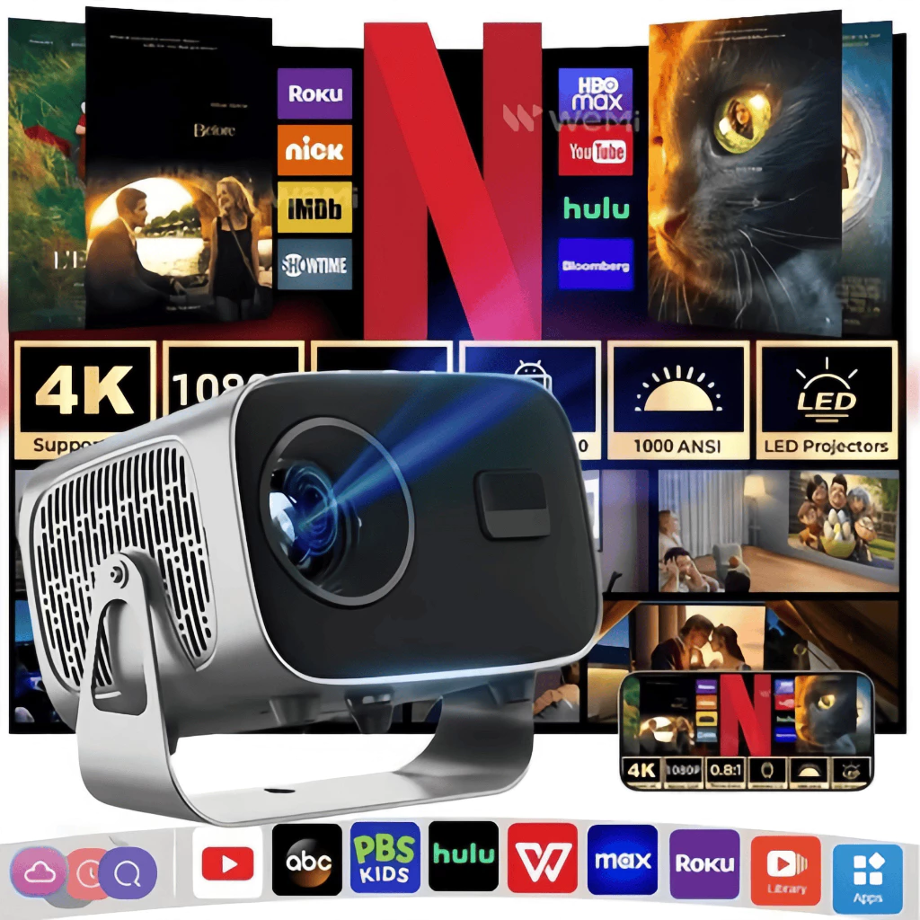 Projetor A10 Android TV 4K Dual Band WIFI 6.0 Bluetooth 5.0 Cinema Portátil Escritório Sala