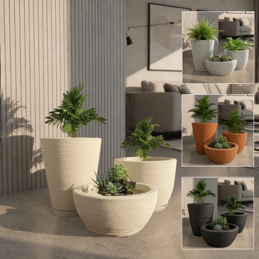 Kit 3 Vasos De Planta Polietileno Escovado Com Prato Para Mesa Sala Flores Decoração Casa
