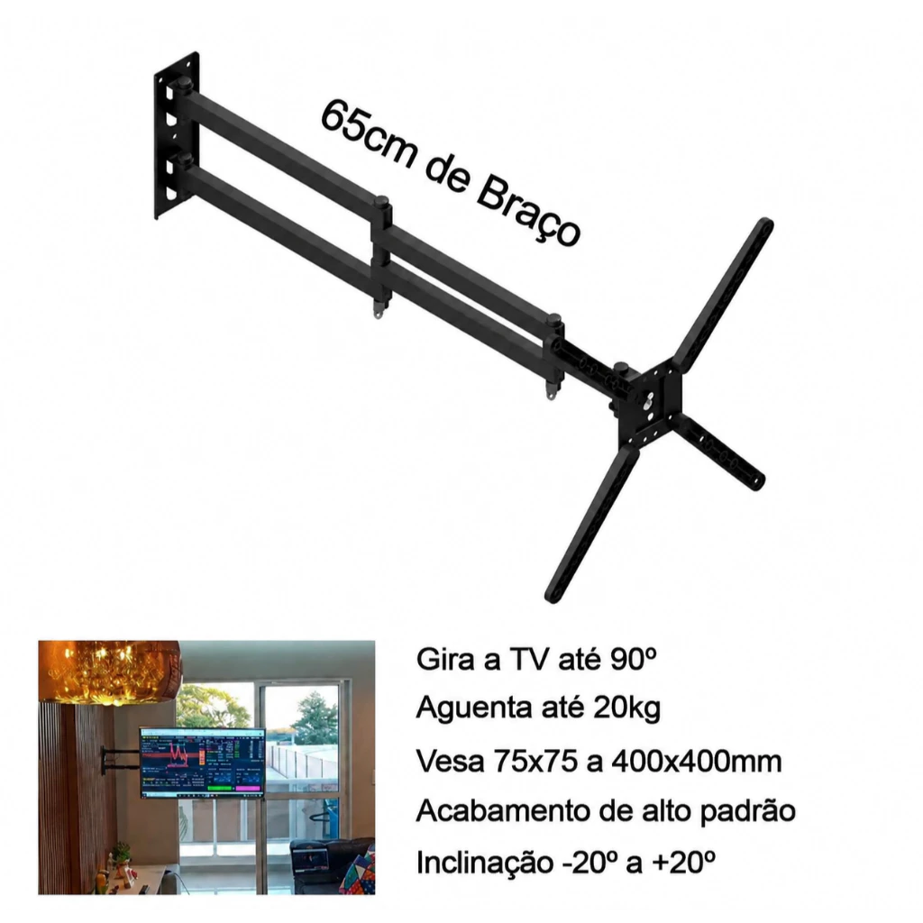 Suporte Tv Parede Braço Longo de 65cm Tri Articulado Com Inclinação Até 65"