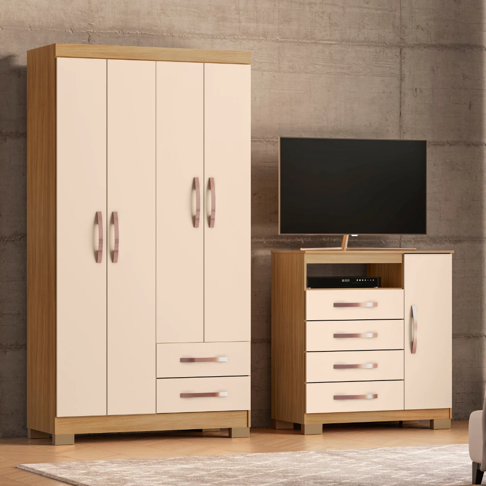 Kit Guarda Roupa Solteiro Porto Belo 4 Portas 2 Gavetas com Cômoda Sapateira