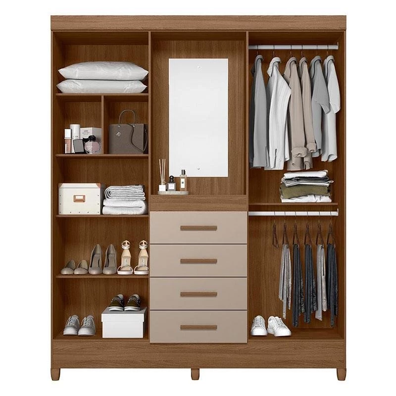 Guarda Roupa Solteiro Ambiente Atenas com Espelho 4 Portas Carvalho Fendi – Moval