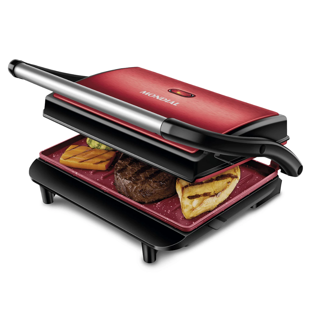 Grill Elétrico Portátil Grelha 2 em 1 Sanduicheira Press Grill Red Ceramic PG-01-RC 1000W Mondial