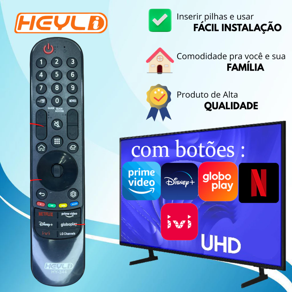 Controle remoto LG para SMART TV / NETFLIX, PRIME VIDEO, GLOBOPLAY, DISNEY+ / HY-344