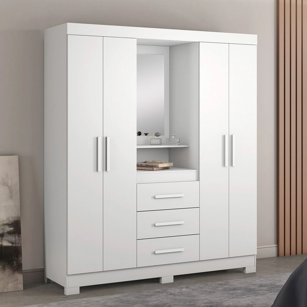 Guarda-Roupa Solteiro para Quarto com Espelho e 4 Portas Capelinha Grande Branco - Moveisaqui