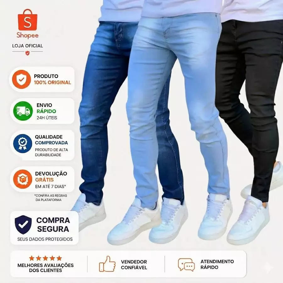 Kit 3 Calças Jeans Masculina Skinny Algodão Confortável Moda 2026