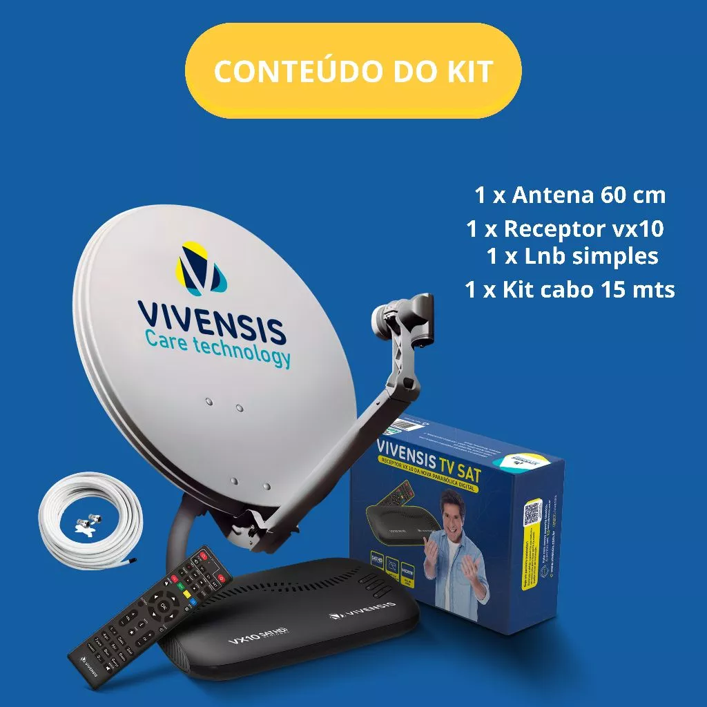 Kit Receptor Vivensis Vx10 Com Parabólica 60cm Cabo Coaxial de 15 metros, LNBF, Conectores